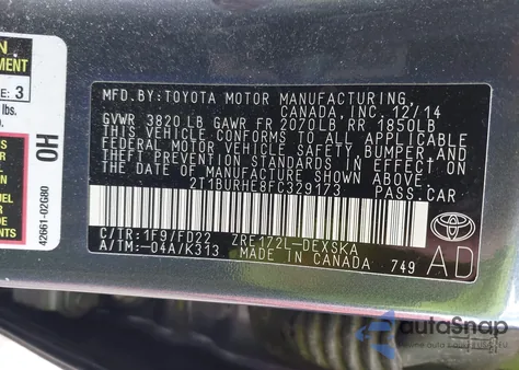 2015 Toyota Corolla S Plus from USA, damaged, VIN 2T1BURHE8FC329173